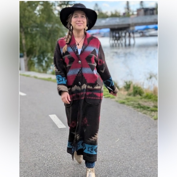 Rhonda Stark Wool Duster Long Southwest Print Red Blue Black Size Small - Picture 1 of 12